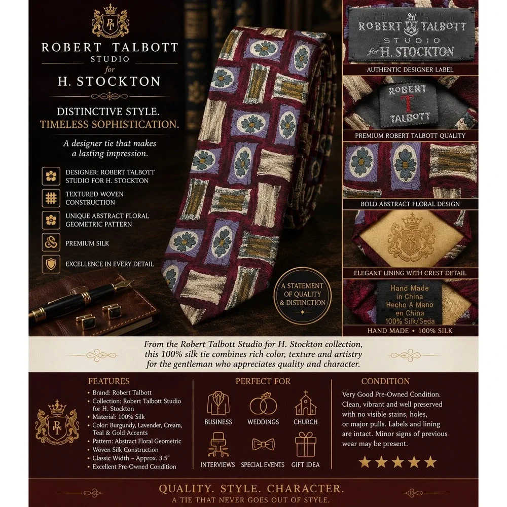 Robert Talbott Studio for H. Stockton Men's Silk Tie Burgundy Geometric Necktie